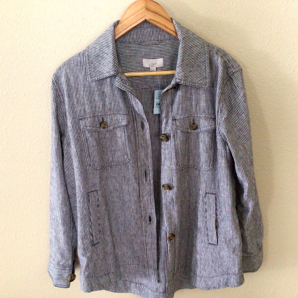 Loft Women's  Button Up Shirt Grey White Stripes Size XSP NWT